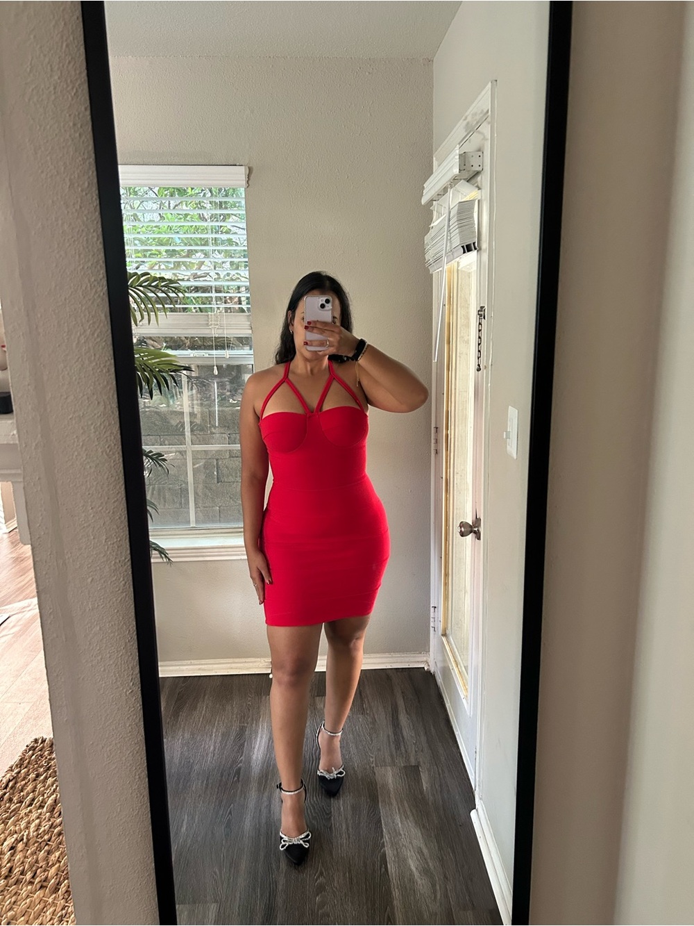 Women's Red Strappy Mini Dress - Chic Fitted Cocktail Dress